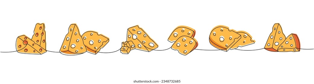 Cheese products set one line colored continuous drawing. Different types of cheese continuous one line illustration. Vector linear illustration