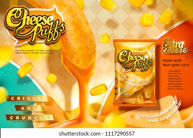 Cheese puffs ads with corn curls dipping delicious sauce, package design in 3d illustration