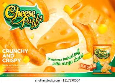 Cheese puffs ads with ingredients and corn curls floating in the air, glittering background in 3d illustration