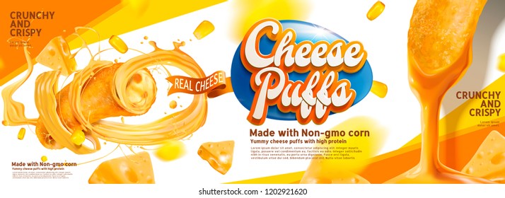 Cheese puffs banner ads with delicious sause swirling in the air, 3d illustration