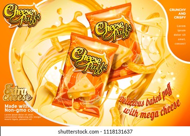 Cheese puffs package design with splashing ingredients in 3d illustration, orange tone