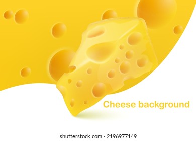 Cheese realistic composition with a piece of cheese on a background of cheese. Formulation of cheese products.