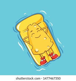 Cheese Relaxing With a Pool Float  in Hot Summer Cartoon Character Style. Vector Illustration. 