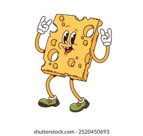 Carácter de desayuno groovy retro del queso que hace un gesto del rock and roll con ambas manos. Personaje de comida de Vector de dibujos animados con cara sonriente usa zapatillas de deporte. Rebanada de queso divertida y animada con agujeros