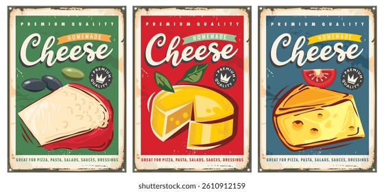 Cheese retro signs collection on old scratched metal plates. Food vector poster illustration.