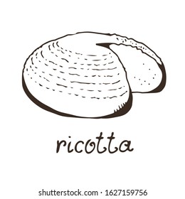Cheese ricotta hand drawn vector illustration, isolated on white background with hand drawn text