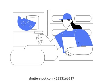 Cheese ripening abstract concept vector illustration. Worker checking cheese ripening at factory, microbial proteases, food industry, dairy products, cheese making sector abstract metaphor.