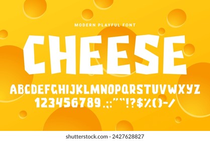 Cheese rough fun font, cutout type, cartoon english alphabet, snack food typeface. Vector typography characters, funny playful kids abc typeset letters, numbers and signs with chopped irregular shapes