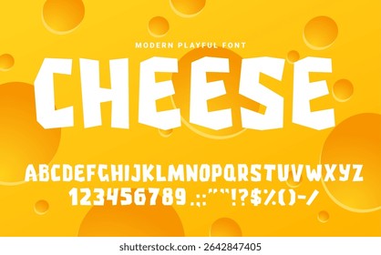 Queijo áspero divertido fonte, tipo de recorte, desenho animado alfabeto inglês, lanche tipo de comida. Caracteres de tipografia vetorial, crianças divertidas engraçadas abc letras de tipografia, números e sinais com formas irregulares cortadas