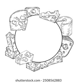 Moldura redonda de queijo. Queijo Cheddar. Esboço à tinta isolado em fundo branco. Ilustração de vetor desenhada à mão. Desenho de traçado estilo vintage. Ilustração vetorial