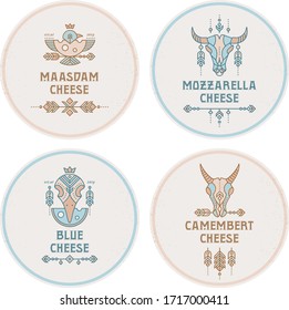 Cheese round label design with vintage cow, goat and bird in thin line style. Handcraft product - trendy ethnic emblem. Pastel elegant badges. Home cheese factory