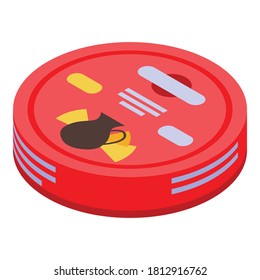 Icono de paquete redondo de queso. Isometric del paquete de queso redondo icono vector para el diseño web aislado en fondo blanco