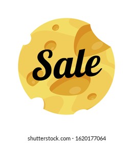 Cheese Sale label round shape on white background. Vector illustration of Holed Maasdam Cheese with caption for Sale.