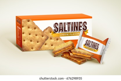 Cheese Saltines Package Design, Paper Box With Plastic Biscuit Bag In 3d Illustration