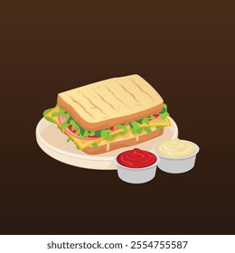 Cheese sandwich with mayonnaise and red chilly sauce vector illustration