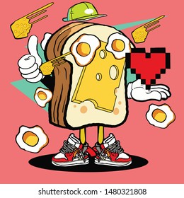 cheese sandwich playing basketball cartoon illustration for tshirt design and sticker design