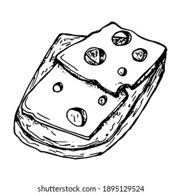 Cheese sandwich. Vector black and white illustration. Isolated. Sketch. On a white background