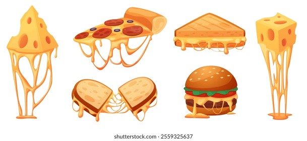 Cheese sandwiches. Melting cheese on pizza burger sandwich. Tasty food, fast food with dripping cheddar mozzarella emmental sauce, nowaday vector set