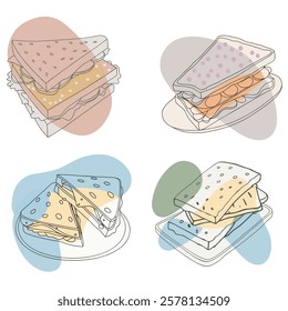 Cheese sandwiches. Melting cheese on pizza burger sandwich. Tasty food, fast food with dripping cheddar mozzarella em-mental sauce, nowadays vector illustration