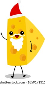 Cheese Santa cartoon character with mustache and beard waving cheerfully on white background Christmas and New Year concept