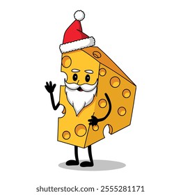 Cheese Santa cartoon character with a mustache and beard, waving cheerfully. Fun Christmas and New Year concept illustration on a white background.