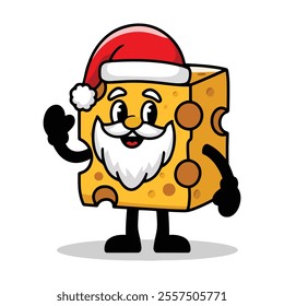 Cheese Santa cartoon character with a mustache and beard, waving cheerfully. Fun Christmas and New Year concept illustration on a white background.
