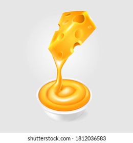 Cheese Sauce Vector 3d Illustration Triangle Sliced Cheese Melted and Dropping into a Bowl