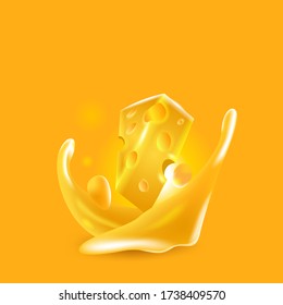 Cheese Sauce Vector 3d Realistic Advertising a Slice of Cheese and Splash Sauce Illustration