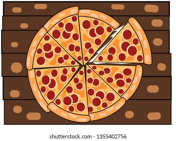 Cheese sausage pizza, pizza on the wooden plate. Very simple vector illustration of pizza. The topping look likes using sausage, cheese, etc