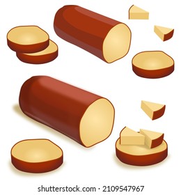 Cheese sausage smoked slices shadows realistic flat