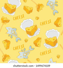 Cheese and seafood elements seamless pattern isolated on pastel background : Vector Illustration