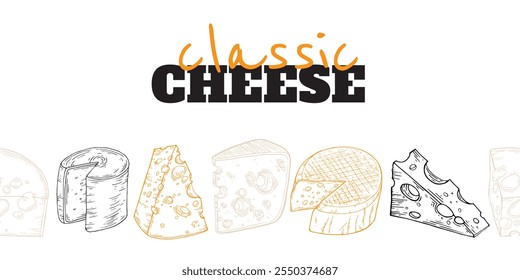 Cheese seamless border Background. Design for Social media Dairy products in dark style. Craft branding for natural cheeses. Camembert, Parmesan and Cheddar hand-drawn in sketch. Vector illustration.