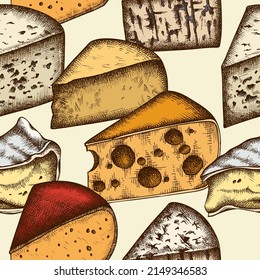 Cheese seamless pattern background design. Engraved style. Hand drawn brie, gouda cheese, roquefort, etc.