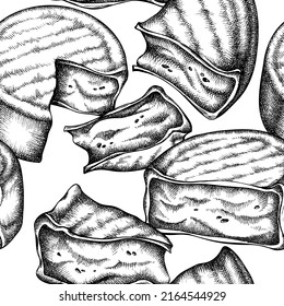Käse nahtlose Muster-Hintergrund-Design. Stilvoll graviert. Handgezeichnete Bestechung.