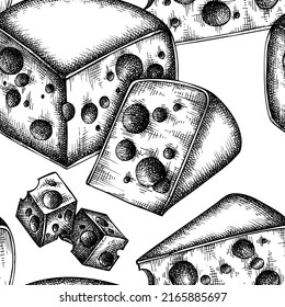 Cheese seamless pattern background design. Engraved style. Hand drawn emmental.