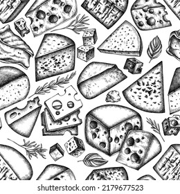 Cheese seamless pattern background design. Engraved style. Hand drawn brie, gouda cheese, roquefort, etc.