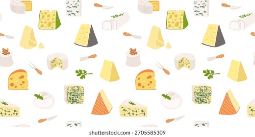 Ilustración de dibujos animados de patrón de queso sin fisuras. Brie, Camembert queso suizo con agujeros de moda parmesano sin límites de fondo. Impresión de papel de diseño sin fin de Vector, tela textil, Plantilla de fondo de envoltura
