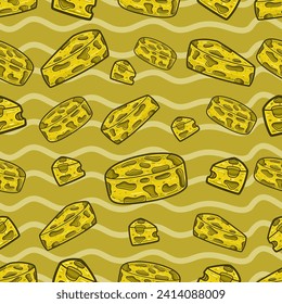 Cheese Seamless Pattern in Cartoon Style. Perfect For Background, Backdrop, Wallpaper and Cover Packaging. Vector Illustration.