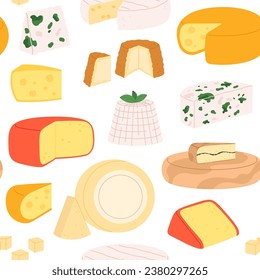 Cheese seamless pattern. Cheeses chunks, gouda, maasdam and dot blue, mozzarella and parmesan. Delicious curds, fresh products racy vector background