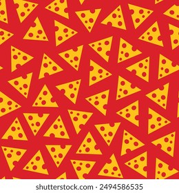 cheese seamless pattern, a collection of triangular shaped cheese legumes scattered on a red background