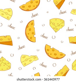 Cheese seamless pattern. Doodle pieces of cheese on white. 