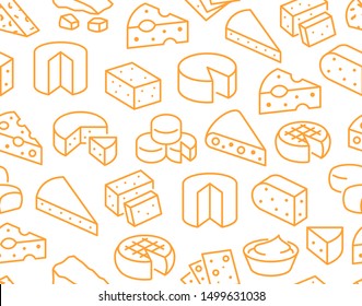 Cheese seamless pattern with flat line icons. Vector background, illustrations of parmesan, mozzarella, yogurt, dutch, ricotta, butter, blue chees piece for dairy product store. Orange, white color.