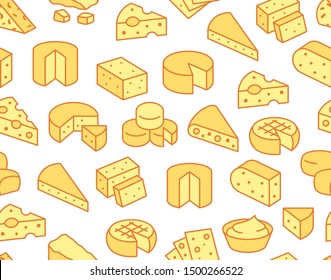 Cheese Seamless Pattern With Flat Line Icons. Vector Background, Illustrations Of Parmesan, Mozzarella, Yogurt, Dutch, Ricotta, Butter, Blue Chees Piece For Dairy Product Store. Orange, White Color.