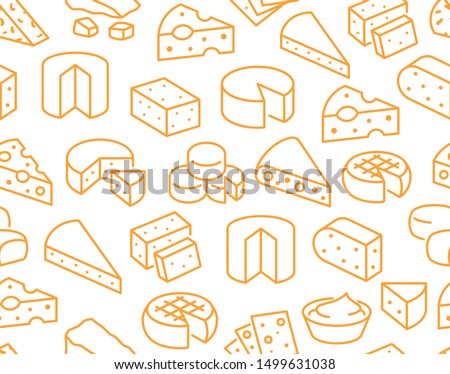 Cheese seamless pattern with flat line icons. Vector background, illustrations of parmesan, mozzarella, yogurt, dutch, ricotta, butter, blue chees piece for dairy product store. Orange, white color.