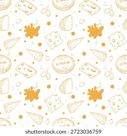 Cheese Seamless Pattern, Food Texture Pattern. Fun Food Background. Golden Cheese Splash, Seamless Food Tile