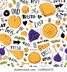 Cheese seamless pattern with hand drawn lettering background with grapes, leaves and particles for packaging and advertising