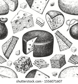 Cheese seamless pattern. Hand drawn vector dairy illustration. Engraved style different cheese kinds. Vintage food background.