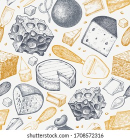 Cheese seamless pattern. Hand drawn vector dairy illustration. Engraved style different cheese kinds. Retro food background.