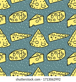 Cheese seamless pattern. Hand drawn color doodle vector illustration.