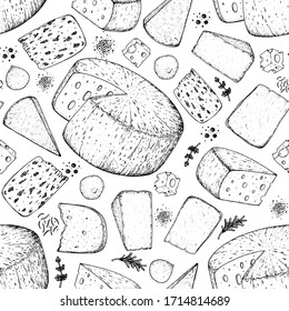 Cheese seamless pattern. Hand drawn vector illustration.  Vintage food background. Engraved style.  Different cheese kinds background. 
